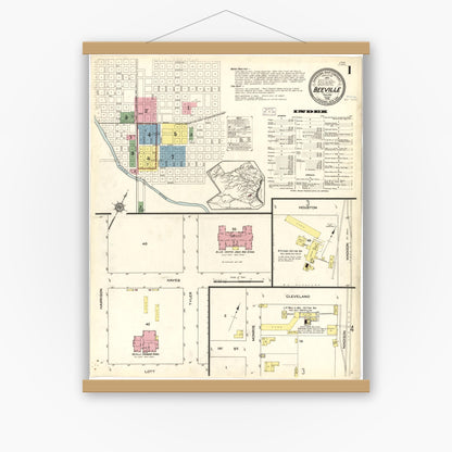 Old map wall art mockup — magnetic wood frame on white wall — Sanborn Fire Insurance Map from Beeville, Bee County, Texas (1914), Sheet #0001
