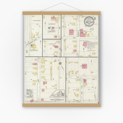 Old map wall art mockup — magnetic wood frame on white wall — Sanborn Fire Insurance Map from Dayton, Rockingham County, Virginia (1917) - Complete Map Set