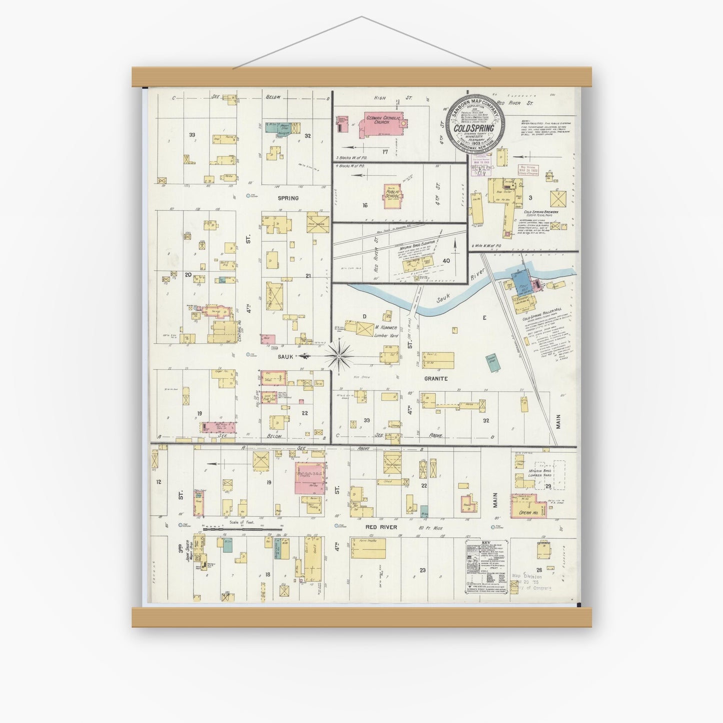 Old map wall art mockup — magnetic wood frame on white wall — Sanborn Fire Insurance Map from Cold Spring, Stearns County, Minnesota (1903), Sheet #0001