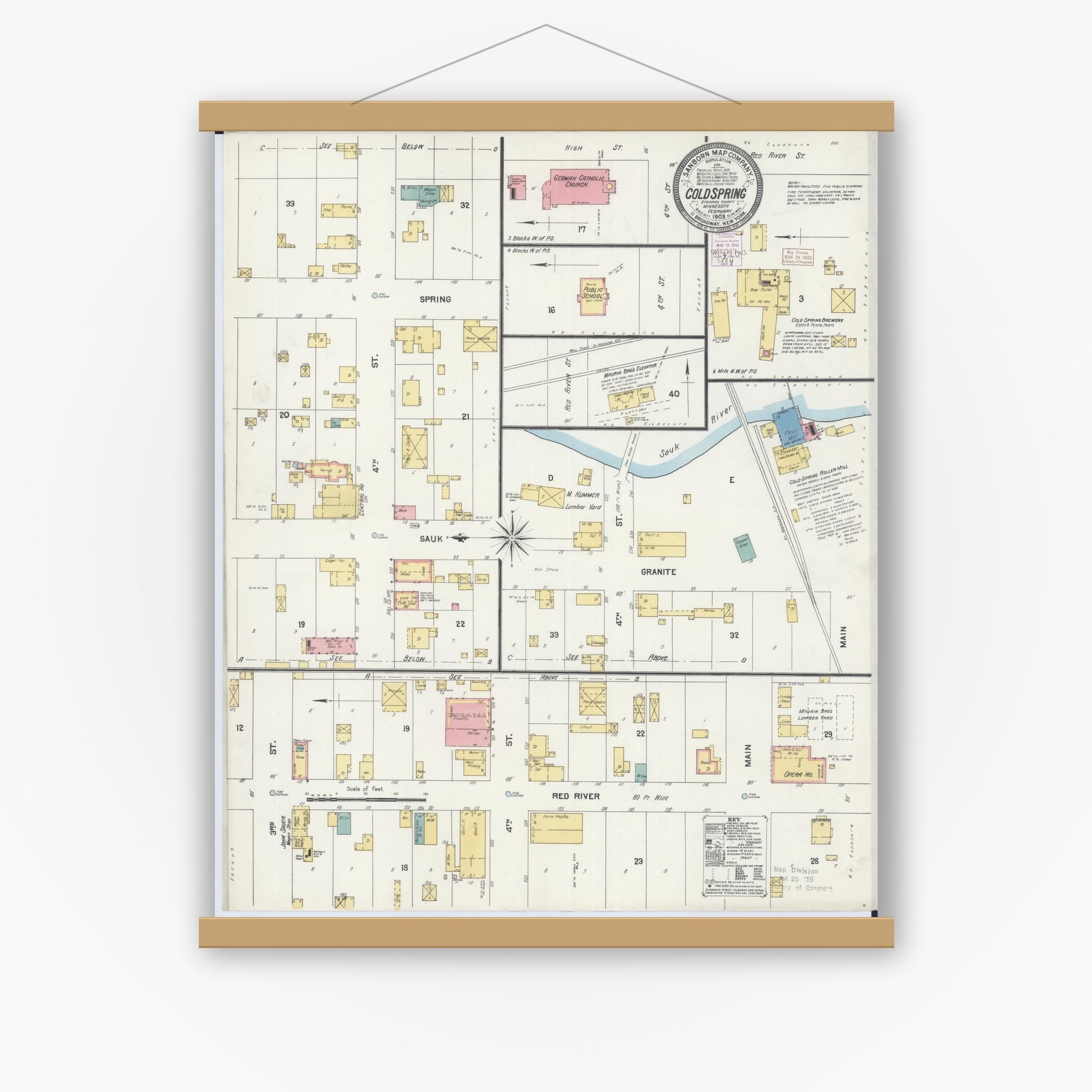 Old map wall art mockup — magnetic wood frame on white wall — Sanborn Fire Insurance Map from Cold Spring, Stearns County, Minnesota (1903), Sheet #0001