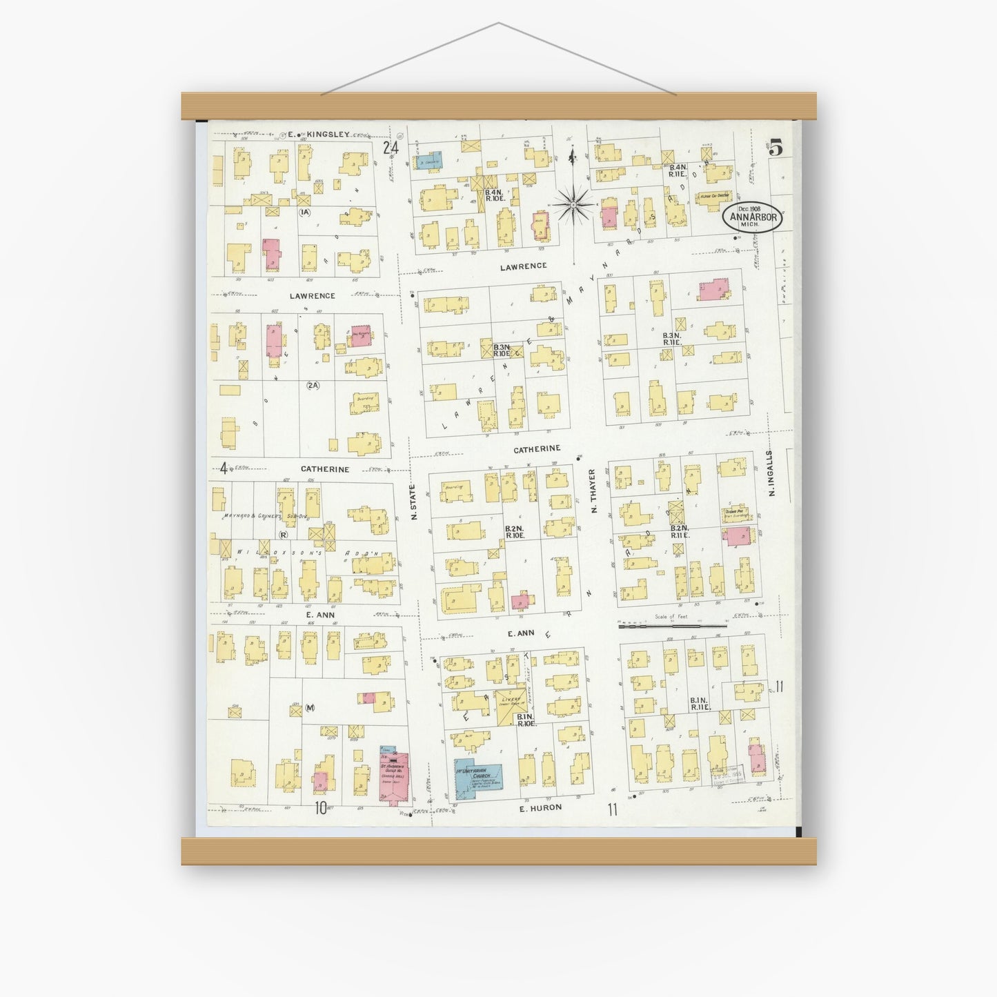 Old map wall art mockup — magnetic wood frame on white wall — Sanborn Fire Insurance Map from Ann Arbor, Washtenaw County, Michigan (1908), Sheet #0005