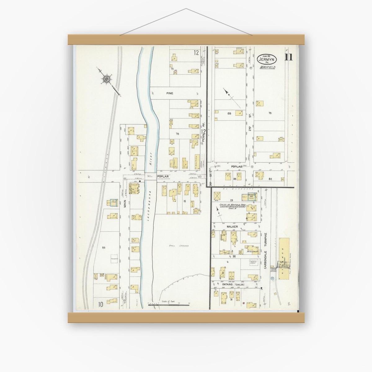 Old map wall art mockup — magnetic wood frame on white wall — Sanborn Fire Insurance Map from Jermyn, Lackawanna County, Pennsylvania (1912), Sheet #0011