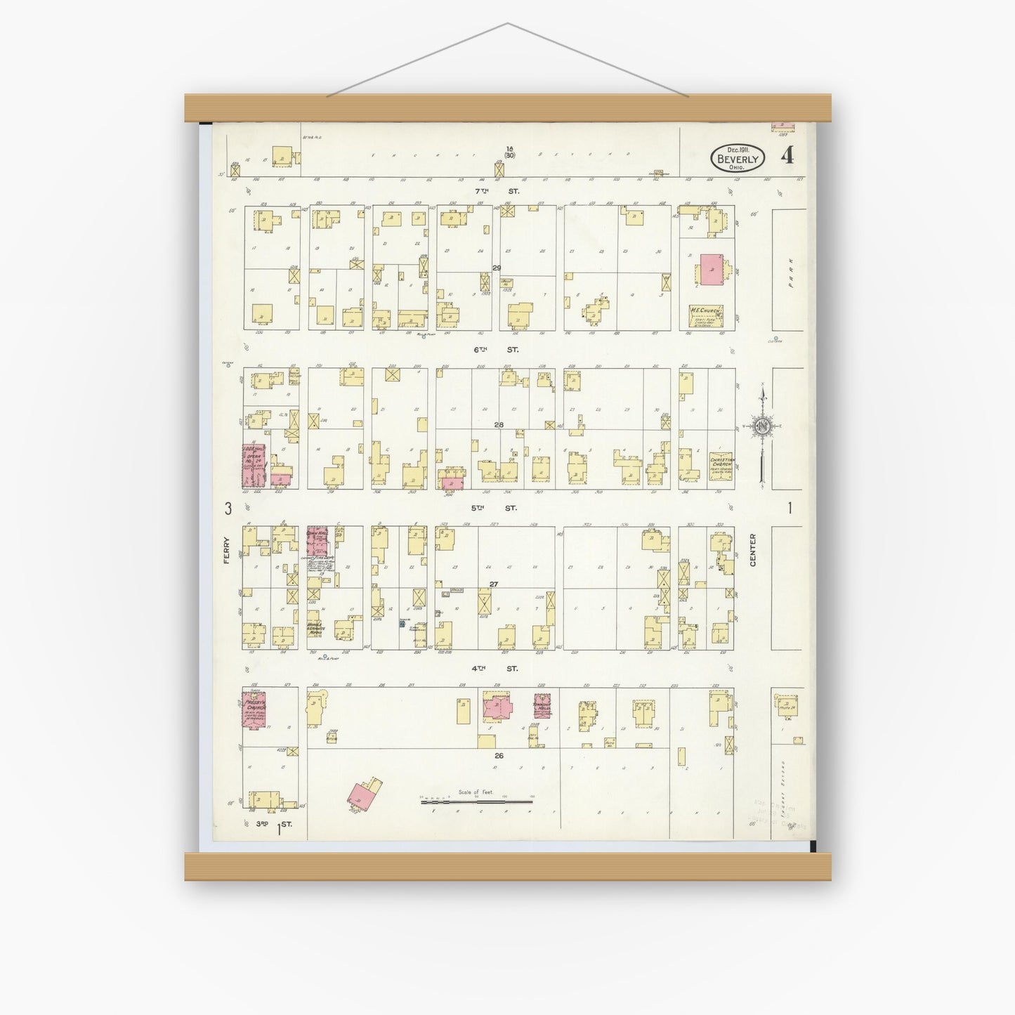Old map wall art mockup — magnetic wood frame on white wall — Sanborn Fire Insurance Map from Beverly, Washington County, Ohio (1911), Sheet #0004