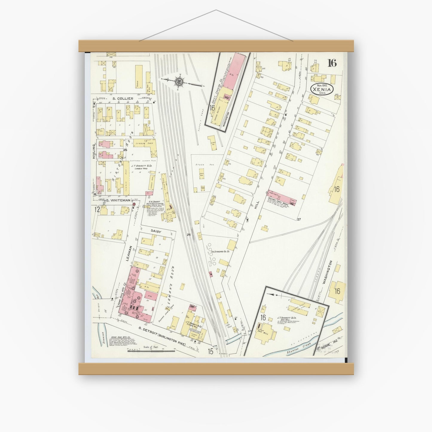 Old map wall art mockup — magnetic wood frame on white wall — Sanborn Fire Insurance Map from Xenia, Greene County, Ohio (1910), Sheet #0016