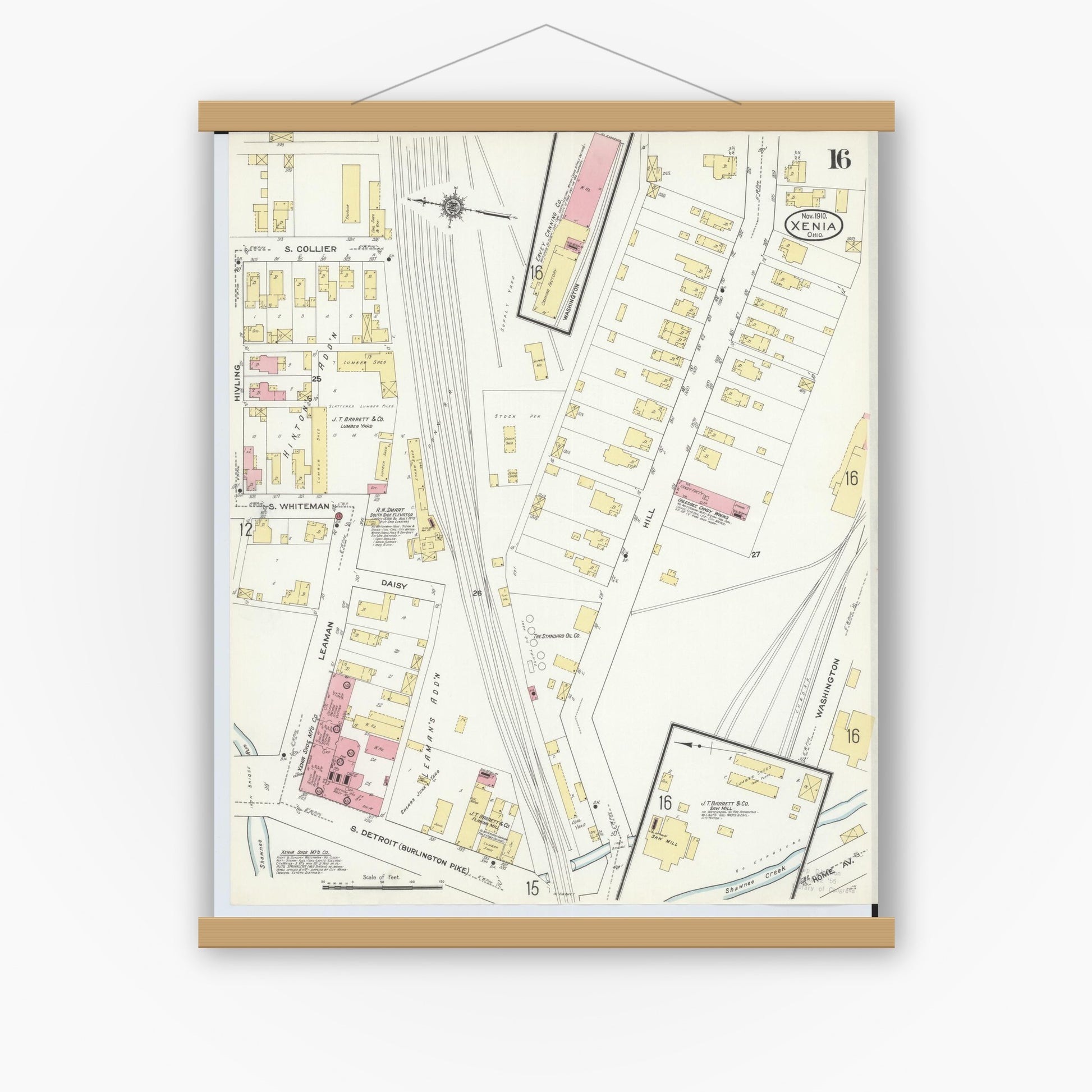 Old map wall art mockup — magnetic wood frame on white wall — Sanborn Fire Insurance Map from Xenia, Greene County, Ohio (1910), Sheet #0016