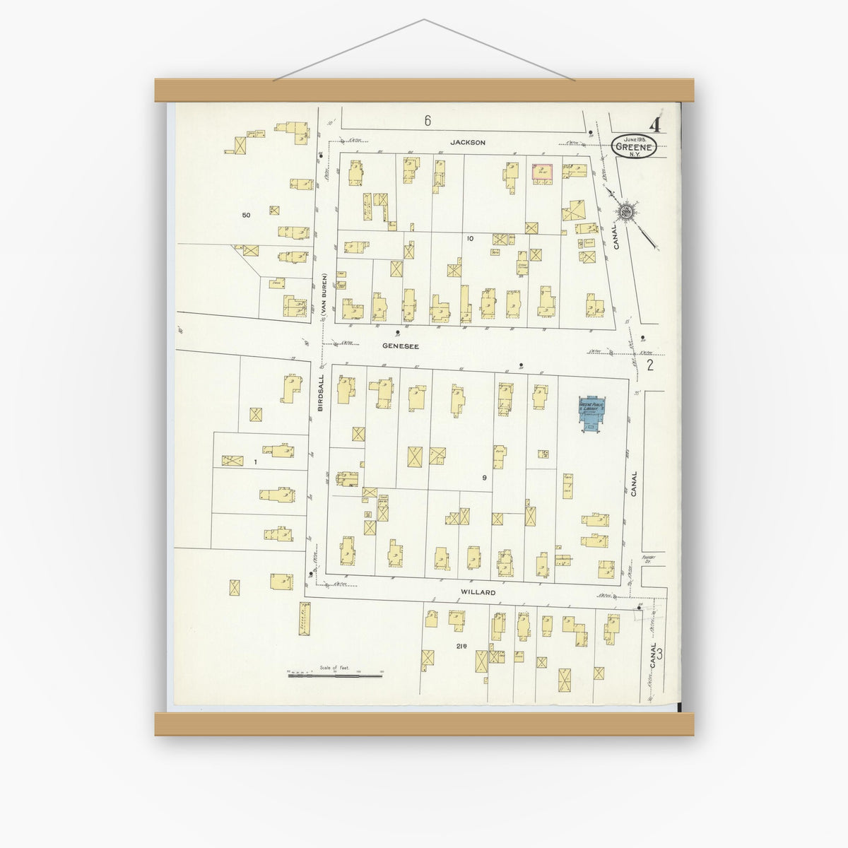 Old map wall art mockup — magnetic wood frame on white wall — Sanborn Fire Insurance Map from Greene, Chenango County, New York (1915), Sheet #0004