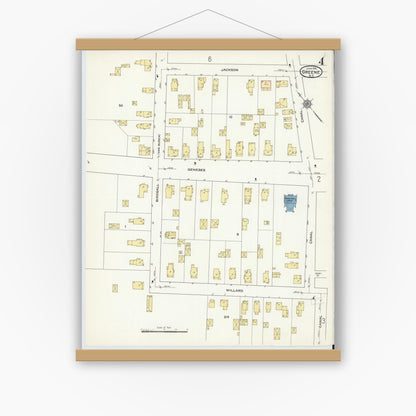 Old map wall art mockup — magnetic wood frame on white wall — Sanborn Fire Insurance Map from Greene, Chenango County, New York (1915), Sheet #0004