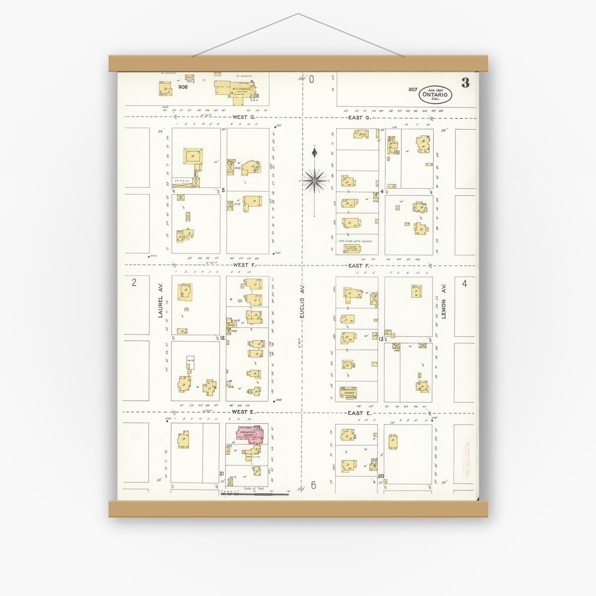 Old map wall art mockup — magnetic wood frame on white wall — Sanborn Fire Insurance Map from Ontario, San Bernardino County, California (1907), Sheet #0003
