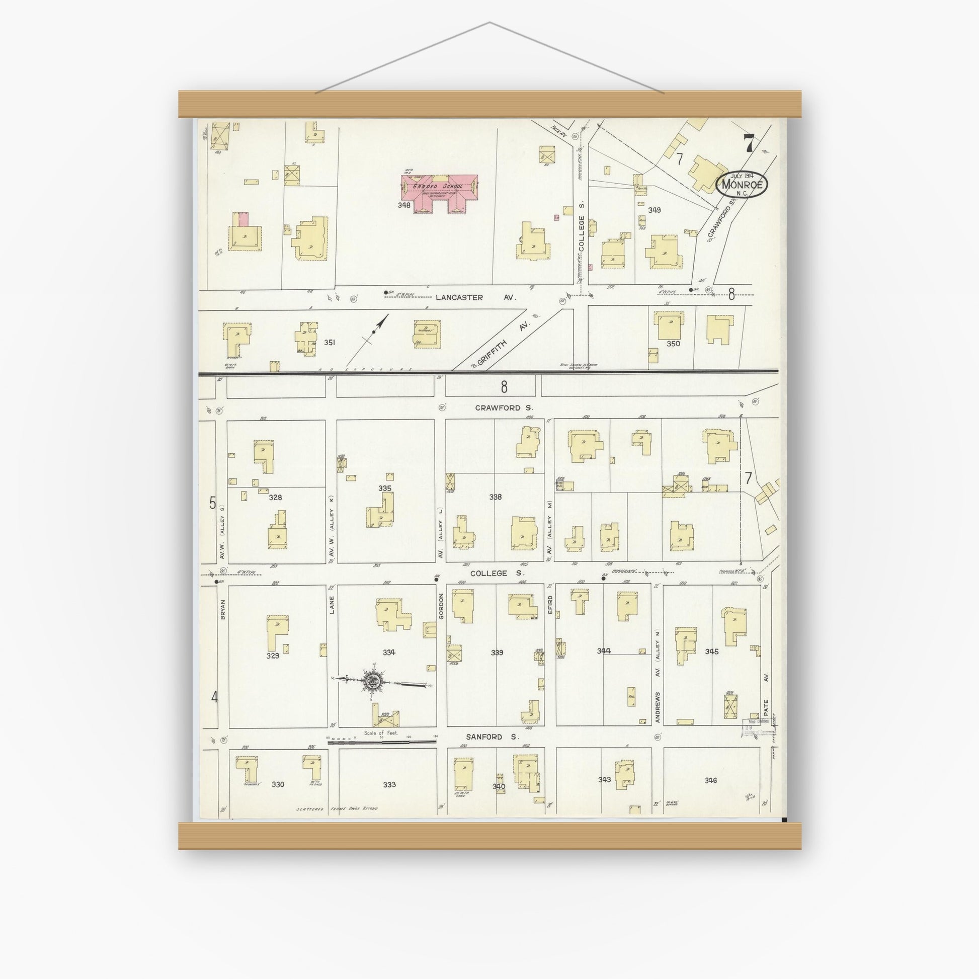 Old map wall art mockup — magnetic wood frame on white wall — Sanborn Fire Insurance Map from Monroe, Union County, North Carolina (1914), Sheet #0007
