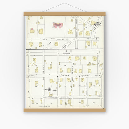 Old map wall art mockup — magnetic wood frame on white wall — Sanborn Fire Insurance Map from Monroe, Union County, North Carolina (1914), Sheet #0007
