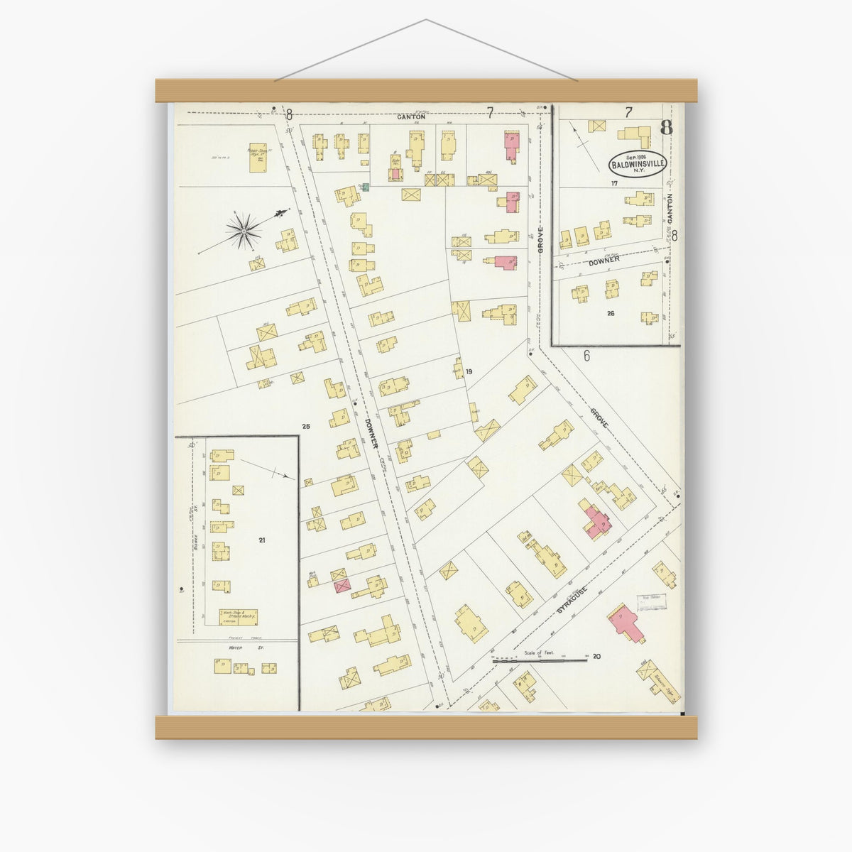 Old map wall art mockup — magnetic wood frame on white wall — Sanborn Fire Insurance Map from Baldwinsville, Onondaga County, New York (1906), Sheet #0008