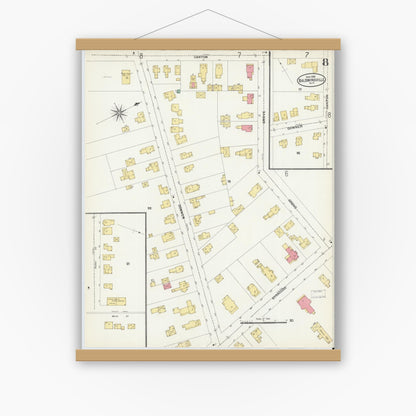 Old map wall art mockup — magnetic wood frame on white wall — Sanborn Fire Insurance Map from Baldwinsville, Onondaga County, New York (1906), Sheet #0008