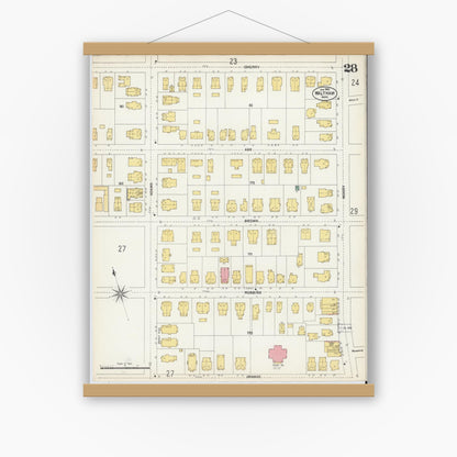 Old map wall art mockup — magnetic wood frame on white wall — Sanborn Fire Insurance Map from Waltham, Middlesex County, Massachusetts (1903), Sheet #0028