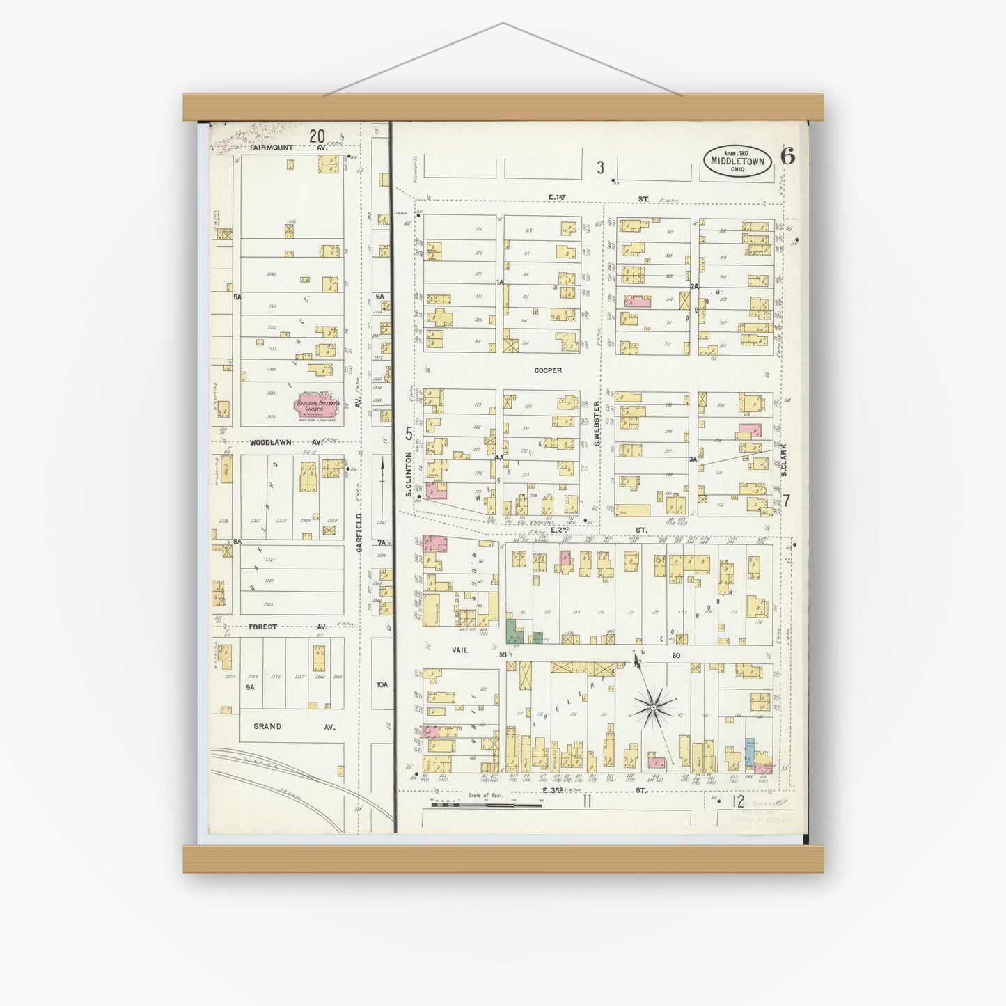 Old map wall art mockup — magnetic wood frame on white wall — Sanborn Fire Insurance Map from Middletown, Butler County, Ohio (1907), Sheet #0006