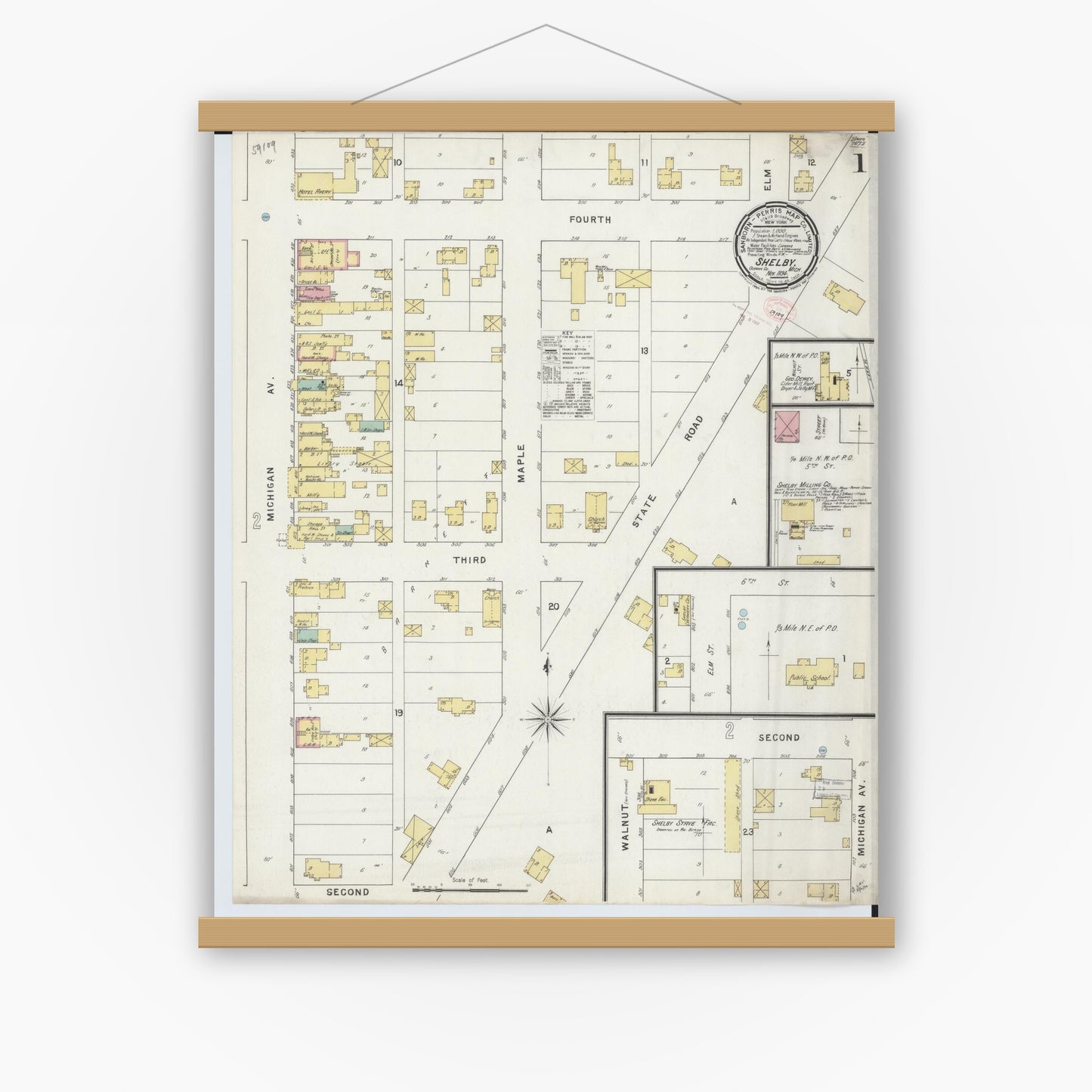 Old map wall art mockup — magnetic wood frame on white wall — Sanborn Fire Insurance Map from Shelby, Oceana County, Michigan (1894) - Complete Map Set