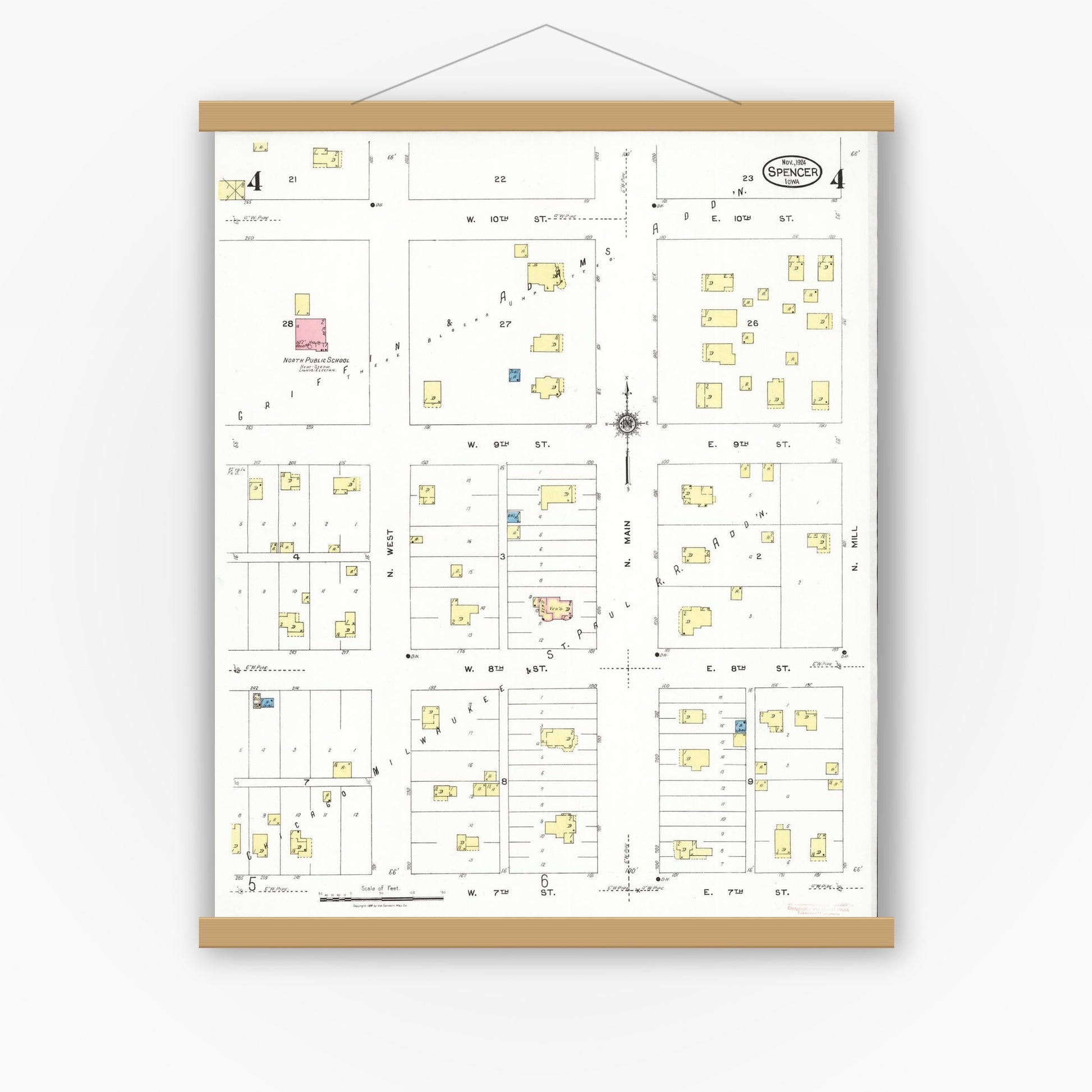 Old map wall art mockup — magnetic wood frame on white wall — Sanborn Fire Insurance Map from Spencer, Clay County, Iowa (1924), Sheet #0004