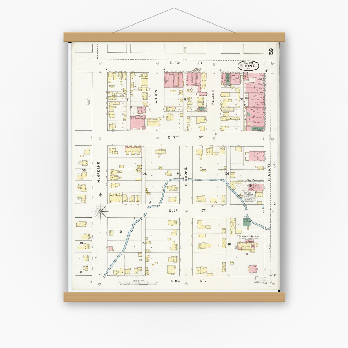Old map wall art mockup — magnetic wood frame on white wall — Sanborn Fire Insurance Map from Boone, Boone County, Iowa (1894), Sheet #0003