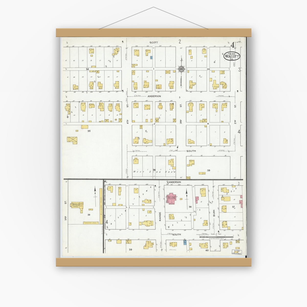Old map wall art mockup — magnetic wood frame on white wall — Sanborn Fire Insurance Map from Wolcott, White County, Indiana (1919), Sheet #0004