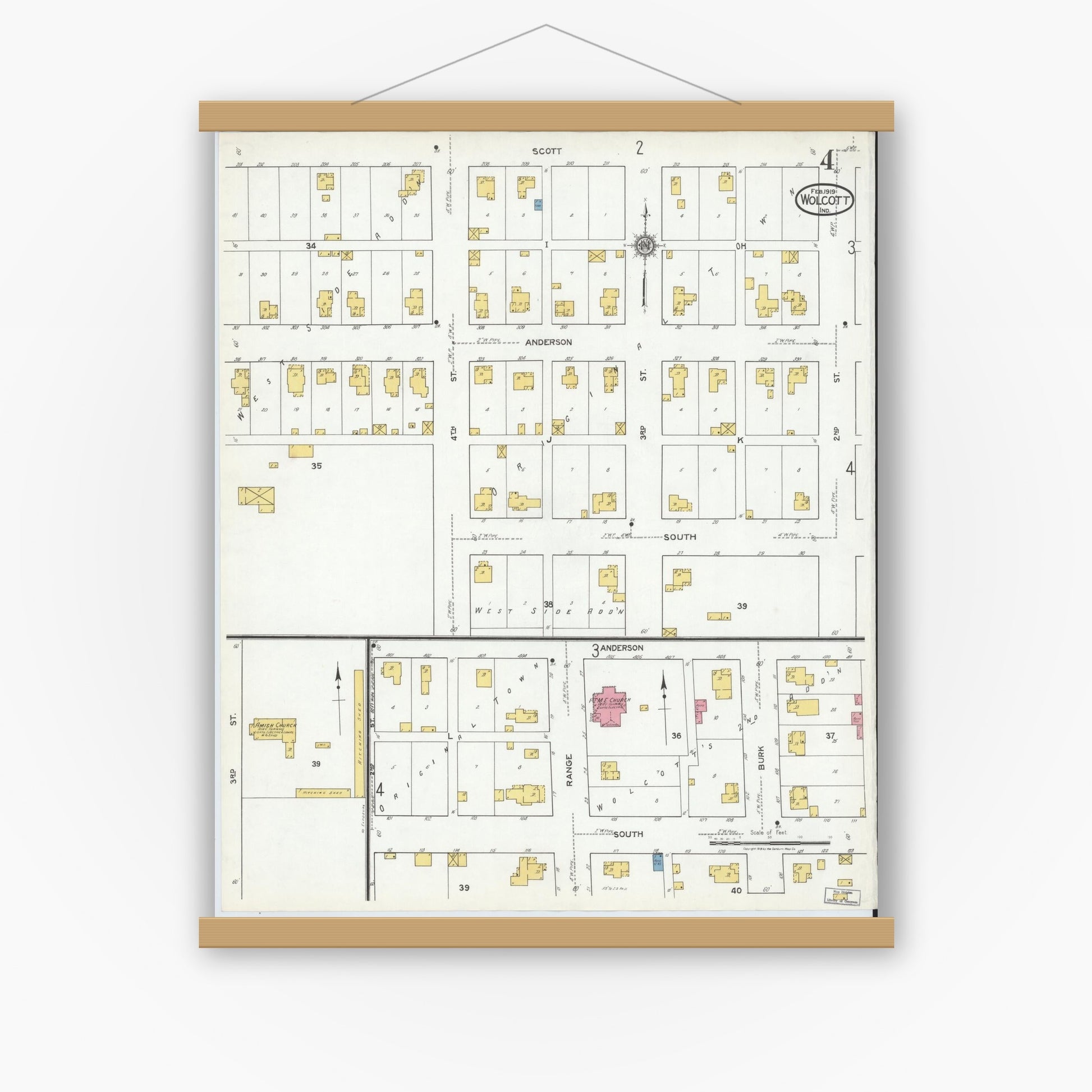 Old map wall art mockup — magnetic wood frame on white wall — Sanborn Fire Insurance Map from Wolcott, White County, Indiana (1919), Sheet #0004