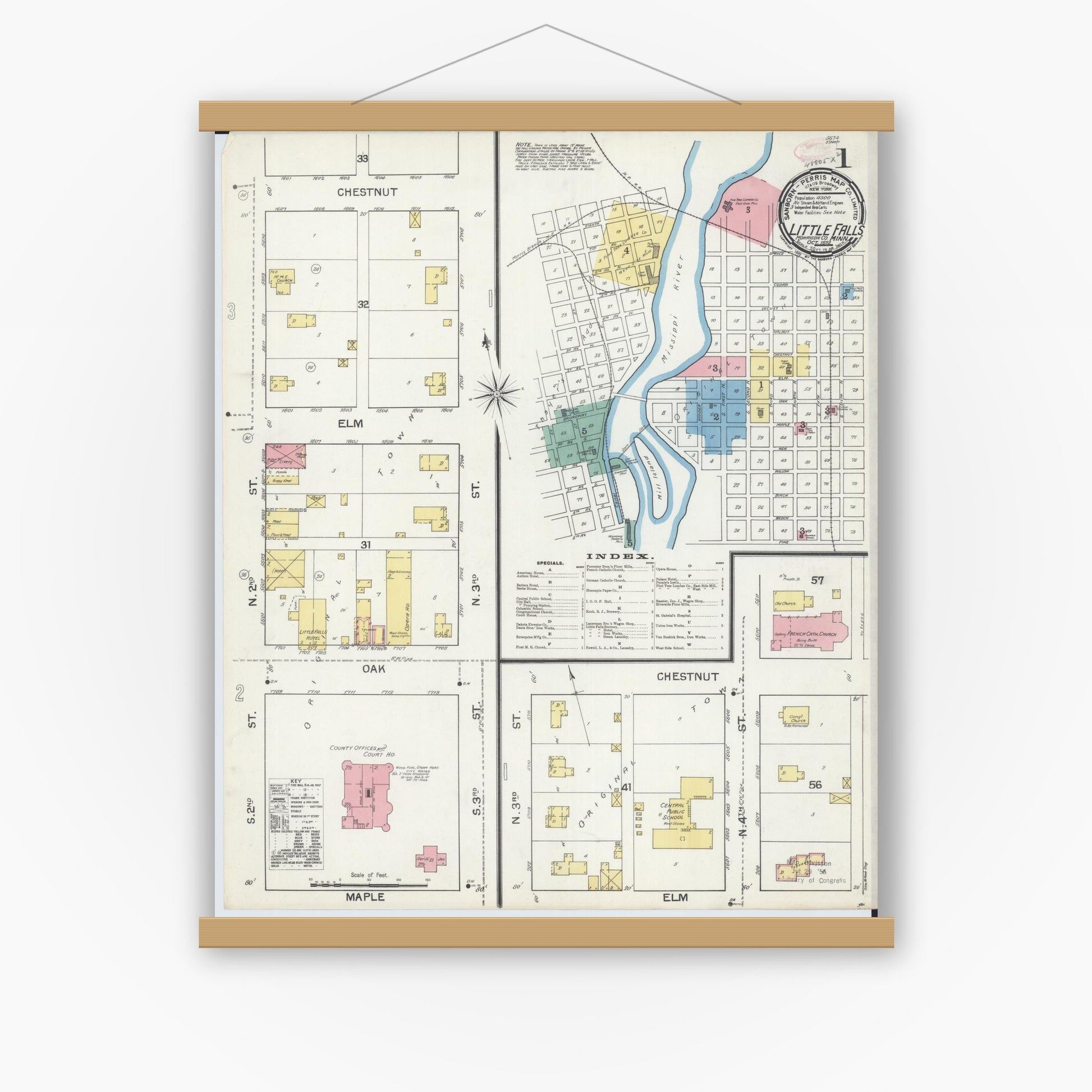 Old map wall art mockup — magnetic wood frame on white wall — Sanborn Fire Insurance Map from Little Falls, Morrison County, Minnesota (1892) - Complete Map Set