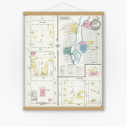 Old map wall art mockup — magnetic wood frame on white wall — Sanborn Fire Insurance Map from Little Falls, Morrison County, Minnesota (1892) - Complete Map Set