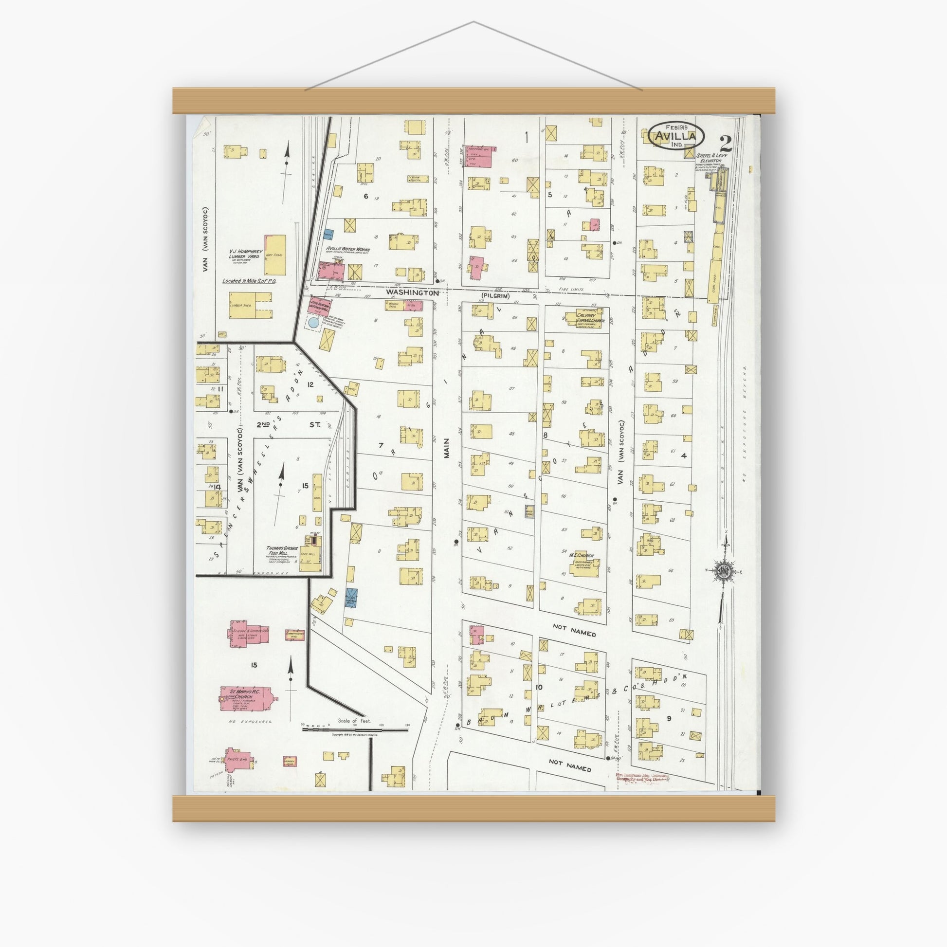 Old map wall art mockup — magnetic wood frame on white wall — Sanborn Fire Insurance Map from Avilla, Noble County, Indiana (1919), Sheet #0002