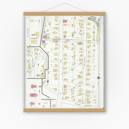 Old map wall art mockup — magnetic wood frame on white wall — Sanborn Fire Insurance Map from Avilla, Noble County, Indiana (1919), Sheet #0002