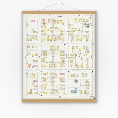 Old map wall art mockup — magnetic wood frame on white wall — Sanborn Fire Insurance Map from Michigan City, La Porte County, Indiana (1899), Sheet #0013