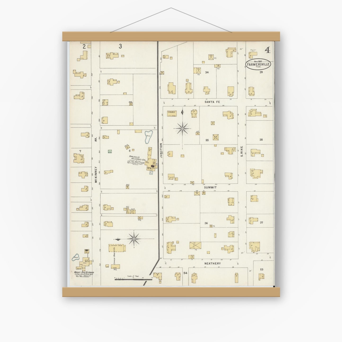 Old map wall art mockup — magnetic wood frame on white wall — Sanborn Fire Insurance Map from Farmersville, Collin County, Texas (1897), Sheet #0004
