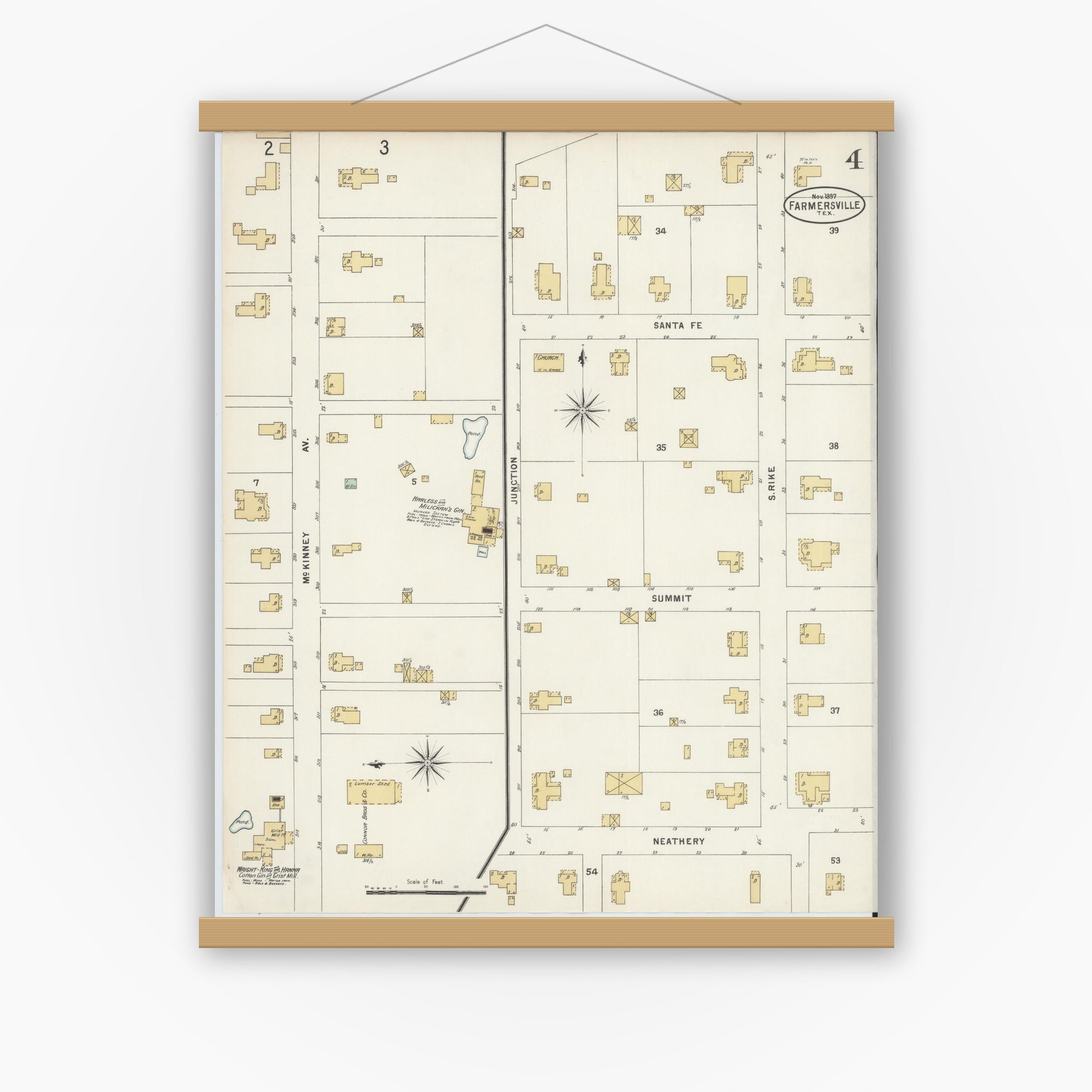 Old map wall art mockup — magnetic wood frame on white wall — Sanborn Fire Insurance Map from Farmersville, Collin County, Texas (1897), Sheet #0004