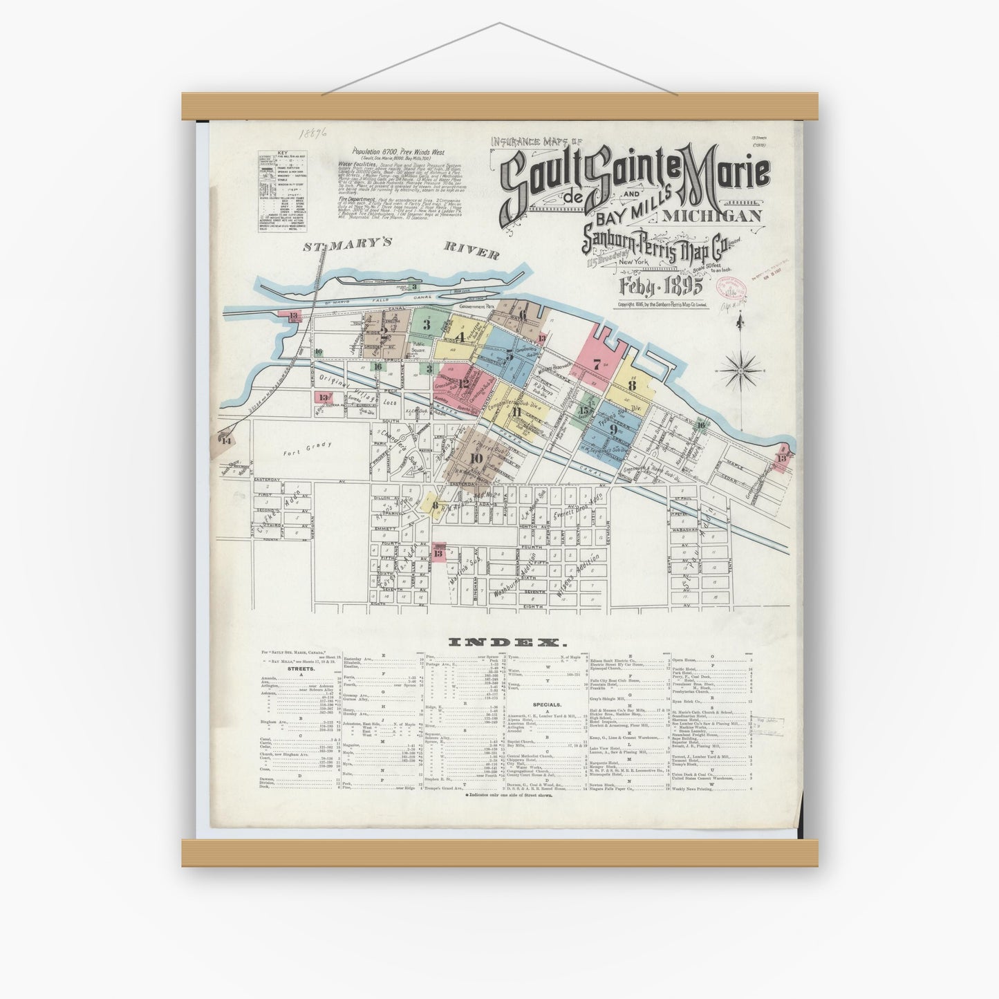 Old map wall art mockup — magnetic wood frame on white wall — Sanborn Fire Insurance Map from Sault Sainte Marie, Chippewa County, Michigan (1895), Sheet #0001
