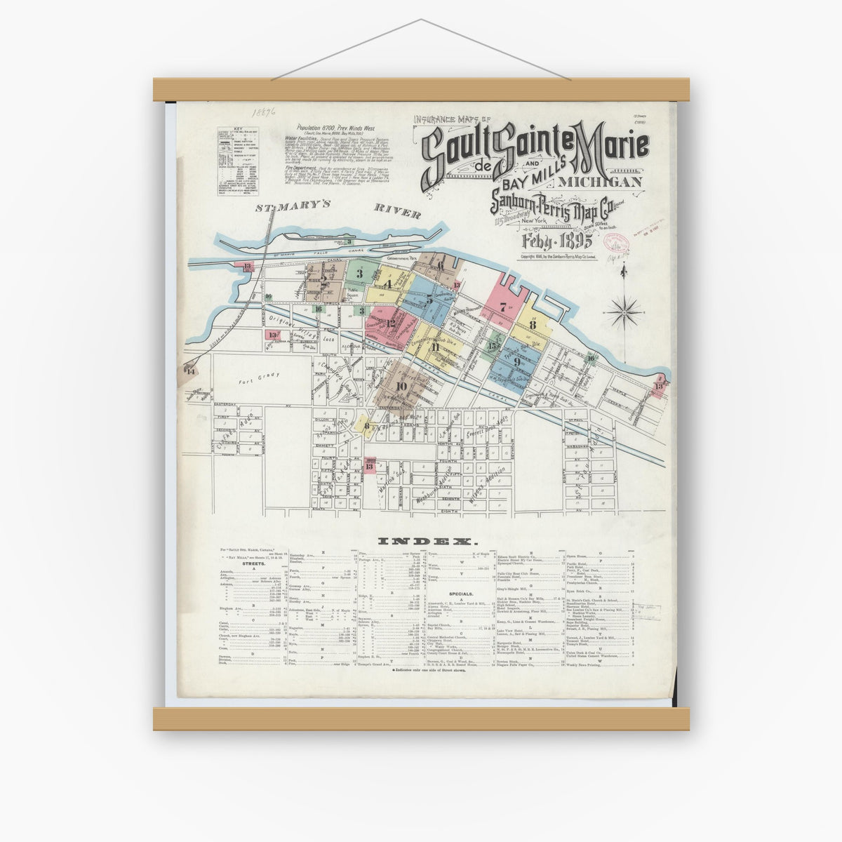Old map wall art mockup — magnetic wood frame on white wall — Sanborn Fire Insurance Map from Sault Sainte Marie, Chippewa County, Michigan (1895), Sheet #0001