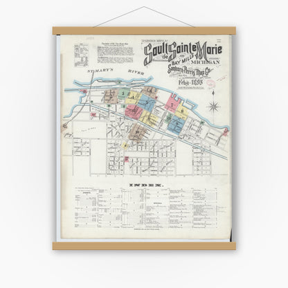 Old map wall art mockup — magnetic wood frame on white wall — Sanborn Fire Insurance Map from Sault Sainte Marie, Chippewa County, Michigan (1895), Sheet #0001