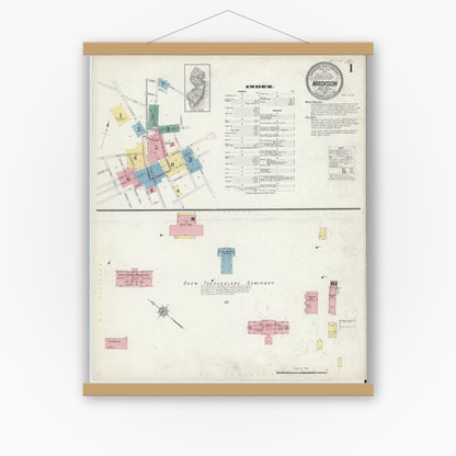Old map wall art mockup — magnetic wood frame on white wall — Sanborn Fire Insurance Map from Madison, Morris County, New Jersey (1912), Sheet #0001