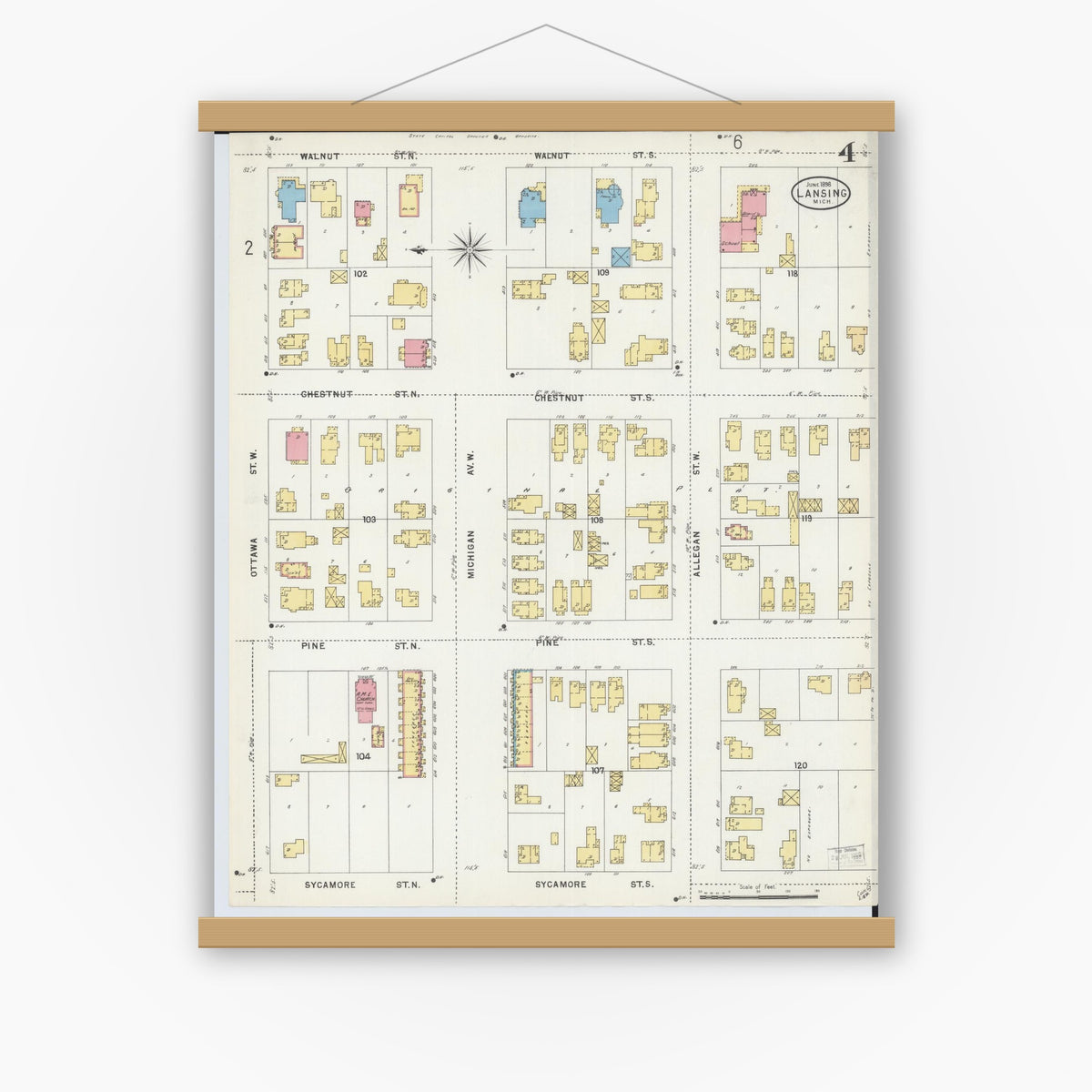 Old map wall art mockup — magnetic wood frame on white wall — Sanborn Fire Insurance Map from Lansing, Ingham County, Michigan (1898), Sheet #0004