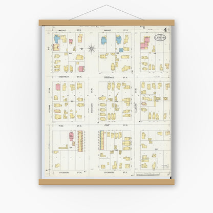Old map wall art mockup — magnetic wood frame on white wall — Sanborn Fire Insurance Map from Lansing, Ingham County, Michigan (1898), Sheet #0004