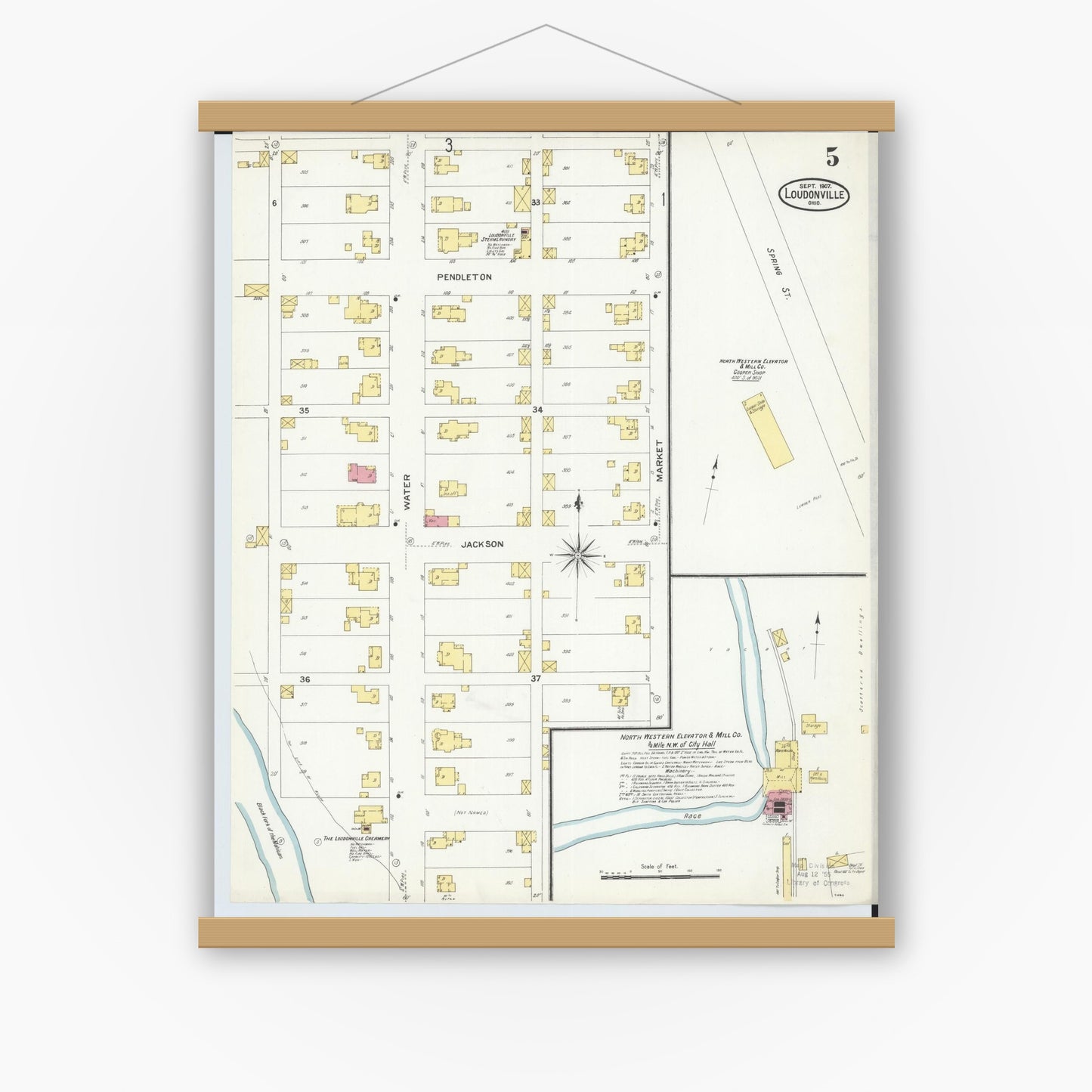Old map wall art mockup — magnetic wood frame on white wall — Sanborn Fire Insurance Map from Loudonville, Ashland County, Ohio (1907), Sheet #0005