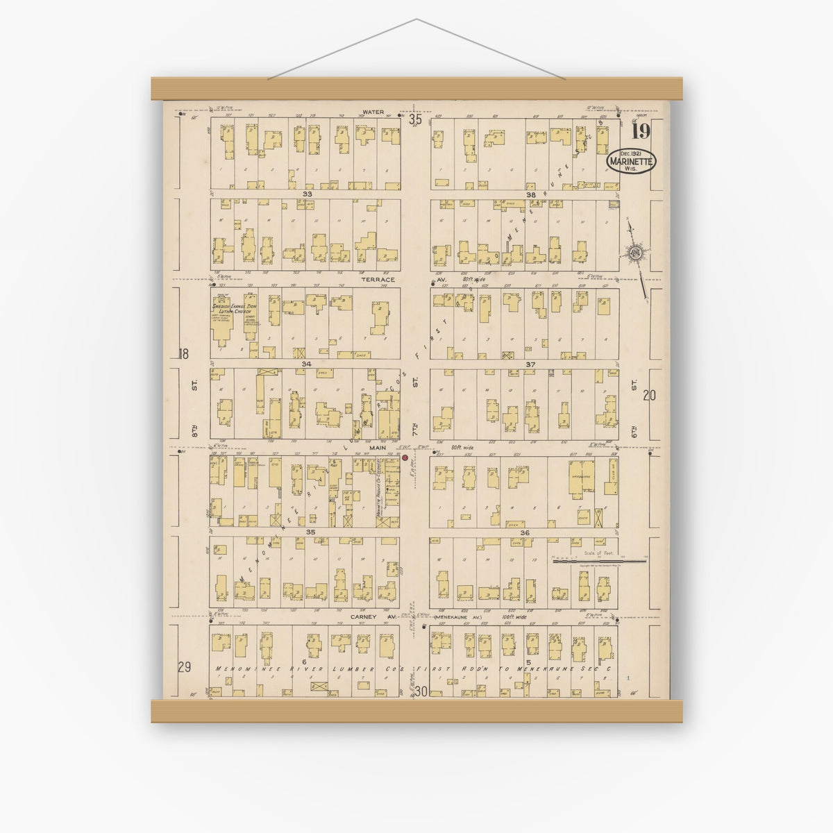 Old map wall art mockup — magnetic wood frame on white wall — Sanborn Fire Insurance Map from Marinette, Marinette County, Wisconsin (1921), Sheet #0019