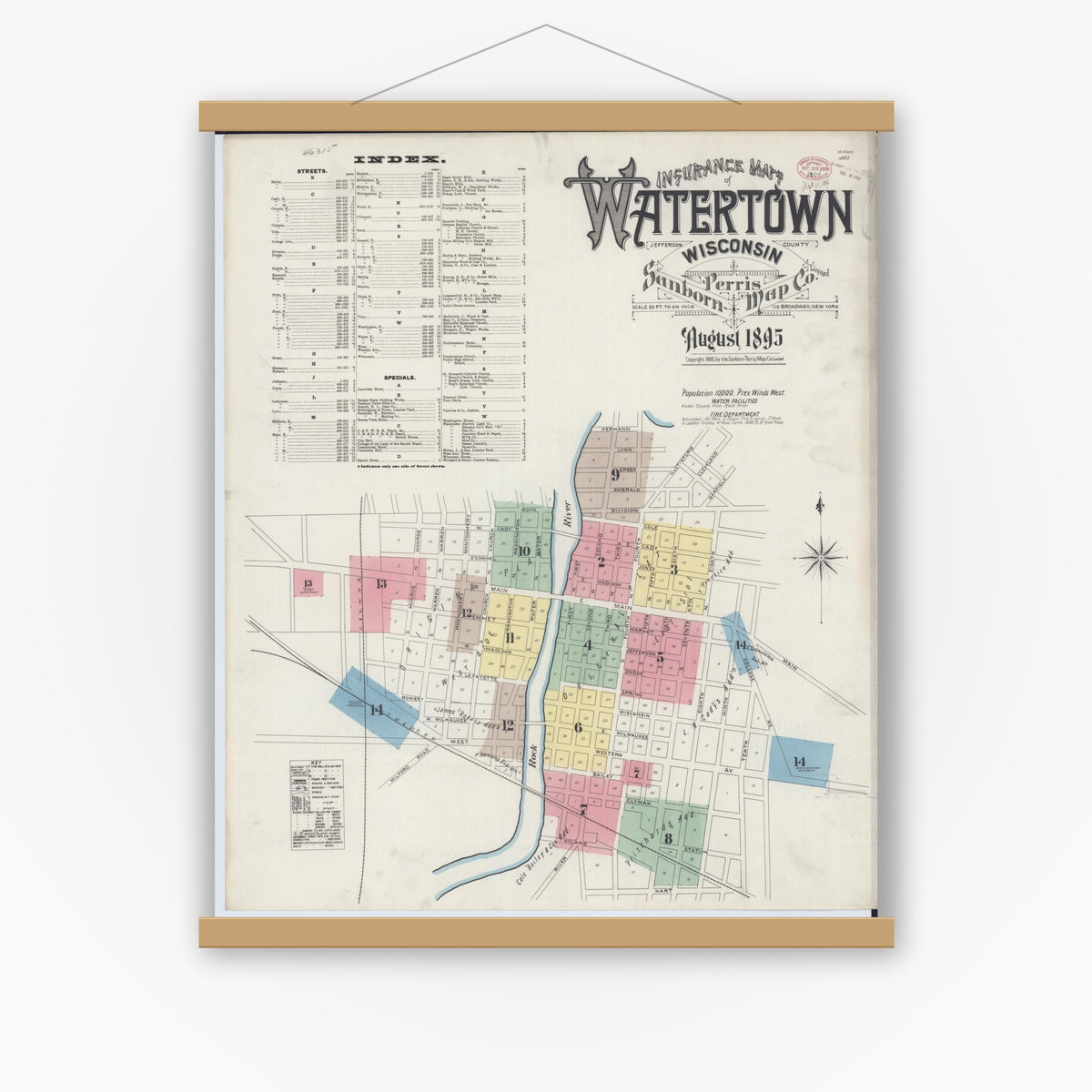 Old map wall art mockup — magnetic wood frame on white wall — Sanborn Fire Insurance Map from Watertown, Jefferson County, Wisconsin (1895), Sheet #0001