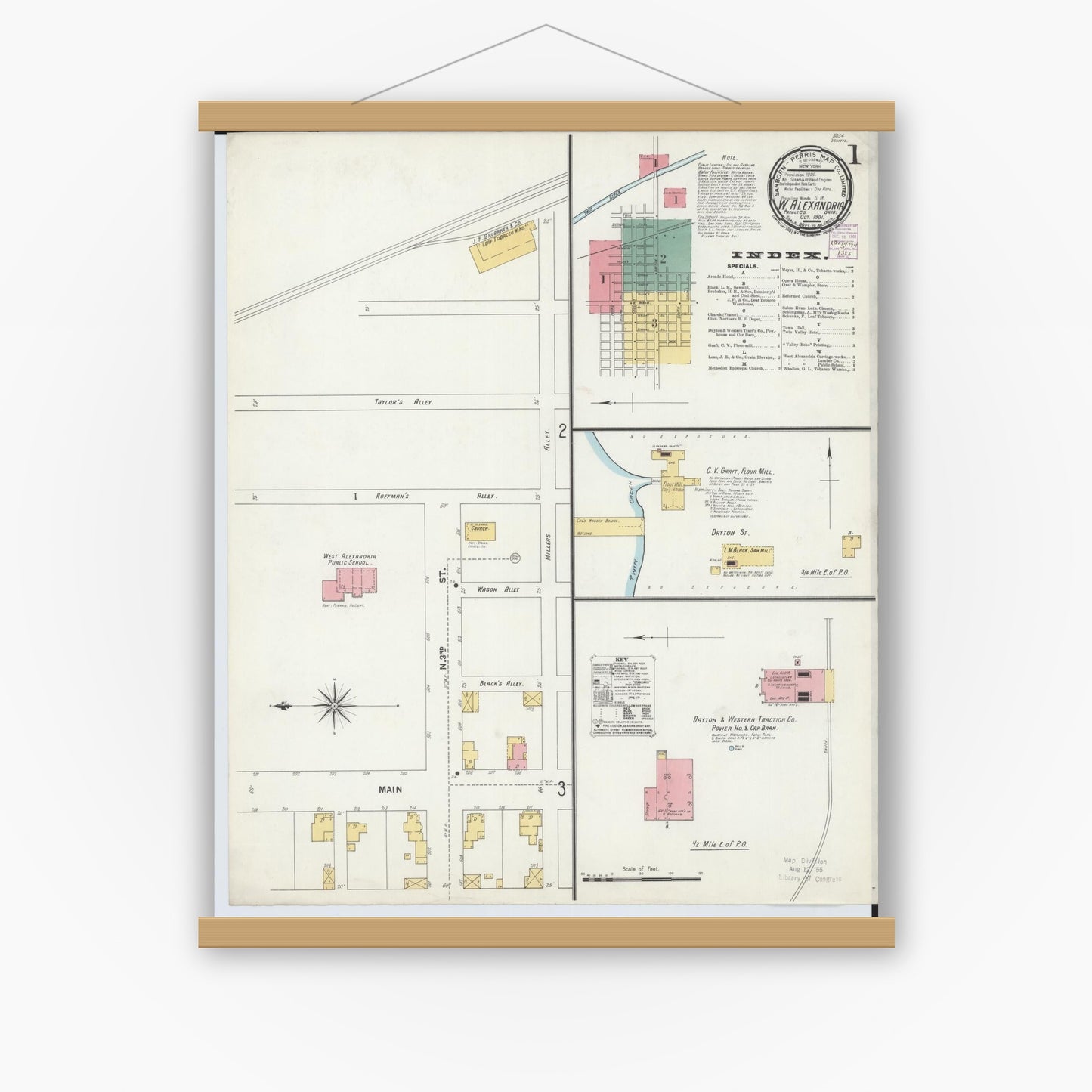 Old map wall art mockup — magnetic wood frame on white wall — Sanborn Fire Insurance Map from West Alexandria, Preble County, Ohio (1901), Sheet #0001