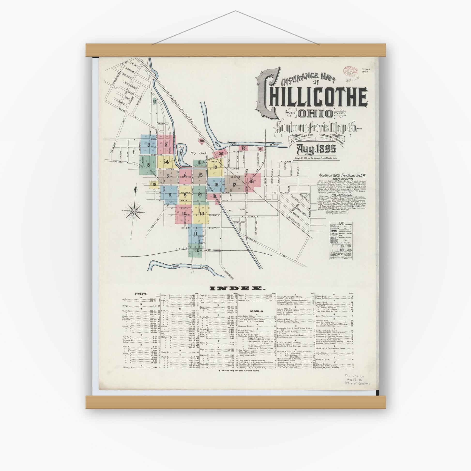 Old map wall art mockup — magnetic wood frame on white wall — Sanborn Fire Insurance Map from Chillicothe, Ross County, Ohio (1895) - Complete Map Set