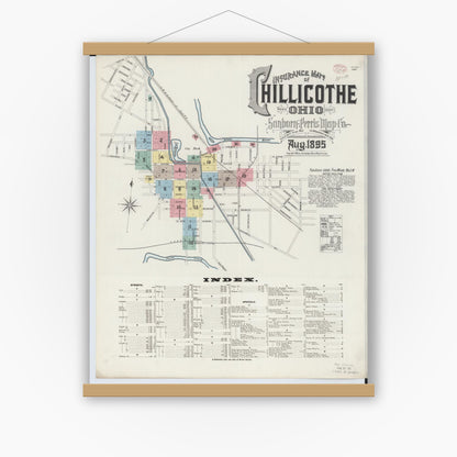 Old map wall art mockup — magnetic wood frame on white wall — Sanborn Fire Insurance Map from Chillicothe, Ross County, Ohio (1895) - Complete Map Set