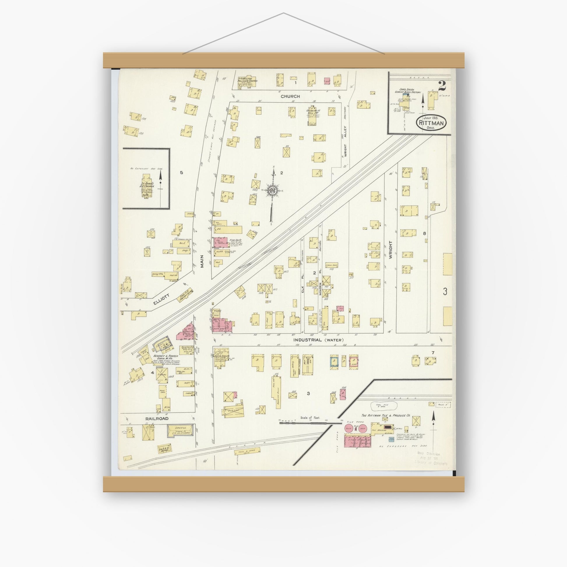 Old map wall art mockup — magnetic wood frame on white wall — Sanborn Fire Insurance Map from Rittman, Wayne County, Ohio (1913), Sheet #0002