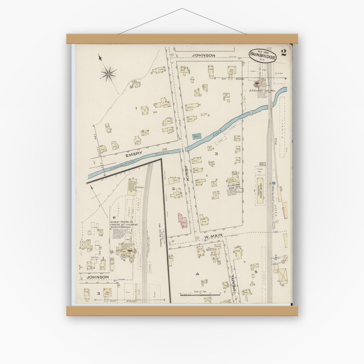 Old map wall art mockup — magnetic wood frame on white wall — Sanborn Fire Insurance Map from Bainbridge, Chenango County, New York (1885), Sheet #0002