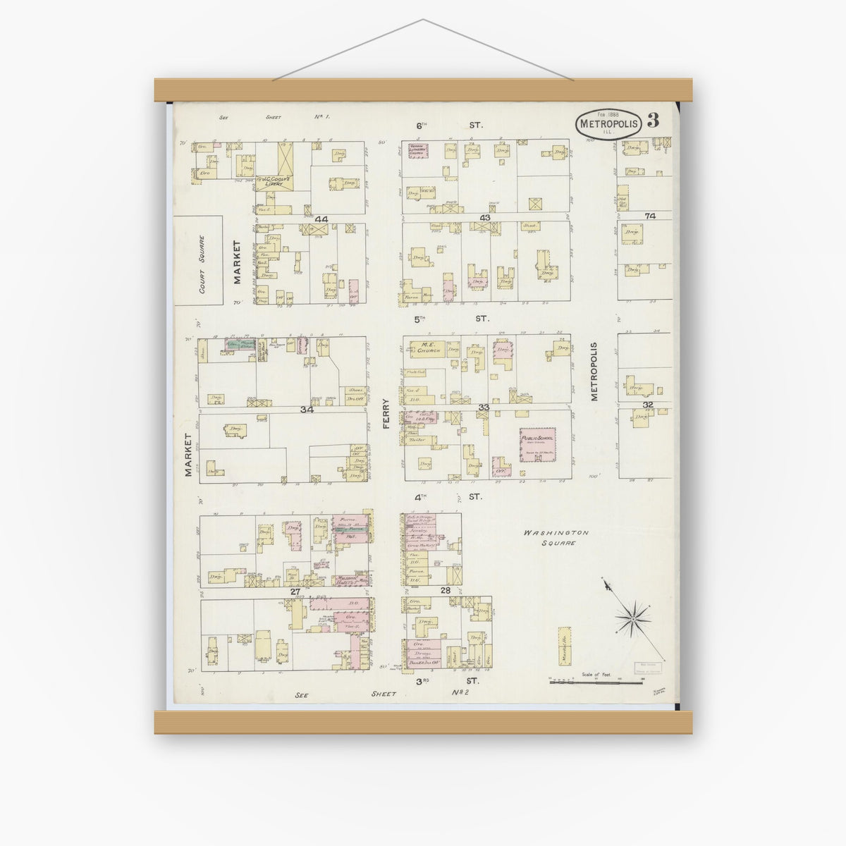 Old map wall art mockup — magnetic wood frame on white wall — Sanborn Fire Insurance Map from Metropolis, Massac County, Illinois (1888), Sheet #0003