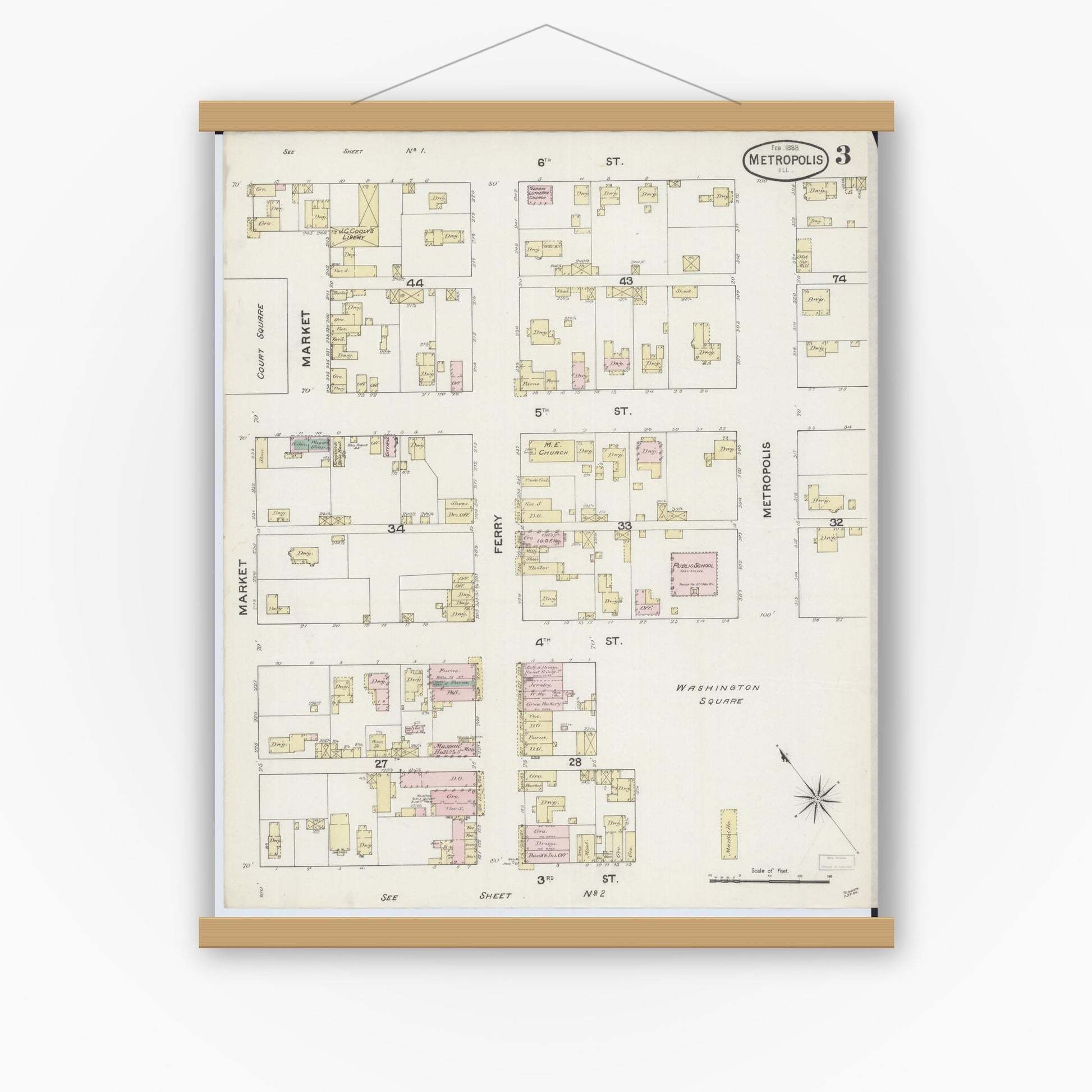 Old map wall art mockup — magnetic wood frame on white wall — Sanborn Fire Insurance Map from Metropolis, Massac County, Illinois (1888), Sheet #0003