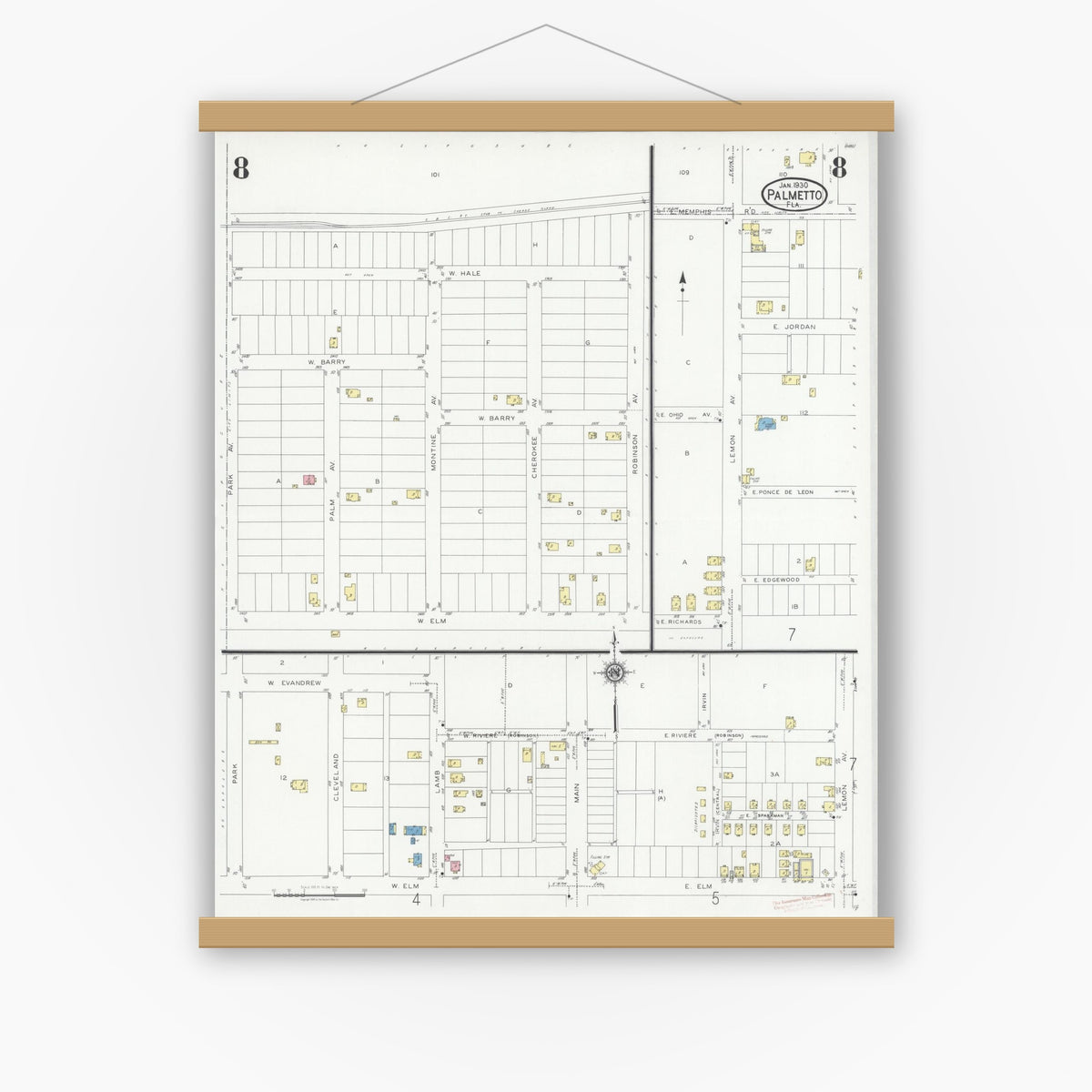 Old map wall art mockup — magnetic wood frame on white wall — Sanborn Fire Insurance Map from Palmetto, Manatee County, Florida (1930), Sheet #0008