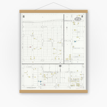 Old map wall art mockup — magnetic wood frame on white wall — Sanborn Fire Insurance Map from Palmetto, Manatee County, Florida (1930), Sheet #0008