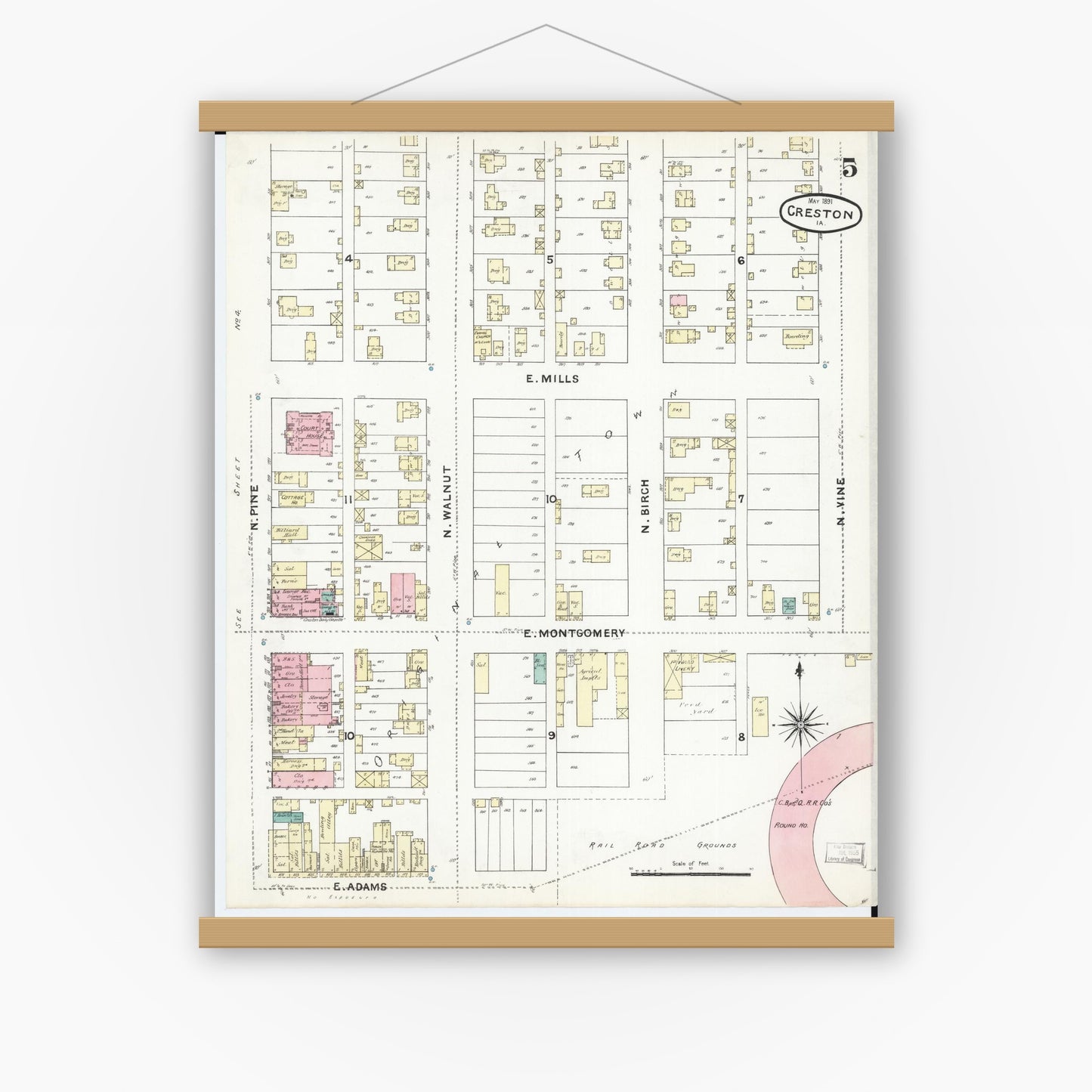 Old map wall art mockup — magnetic wood frame on white wall — Sanborn Fire Insurance Map from Creston, Union County, Iowa (1891), Sheet #0005