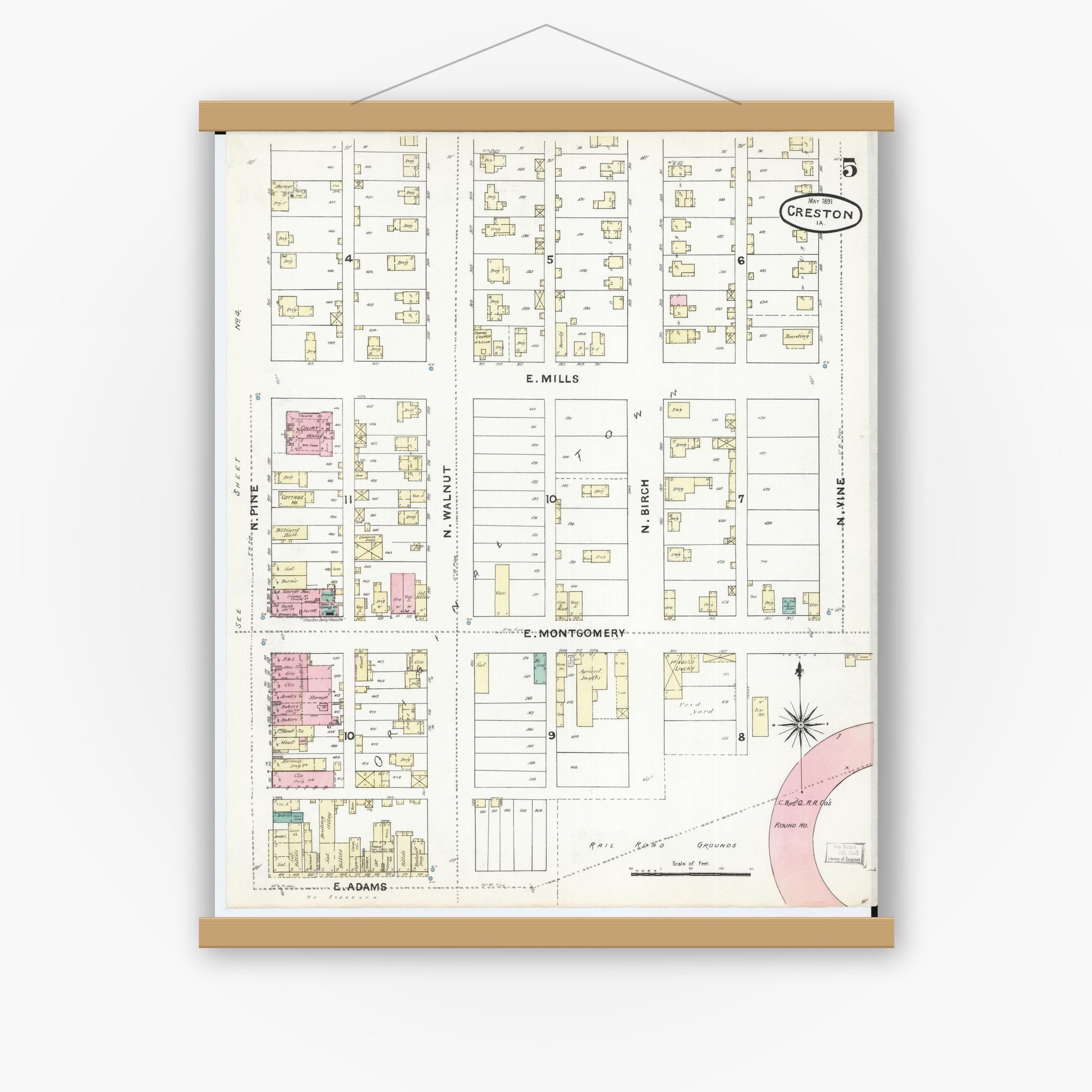 Old map wall art mockup — magnetic wood frame on white wall — Sanborn Fire Insurance Map from Creston, Union County, Iowa (1891), Sheet #0005